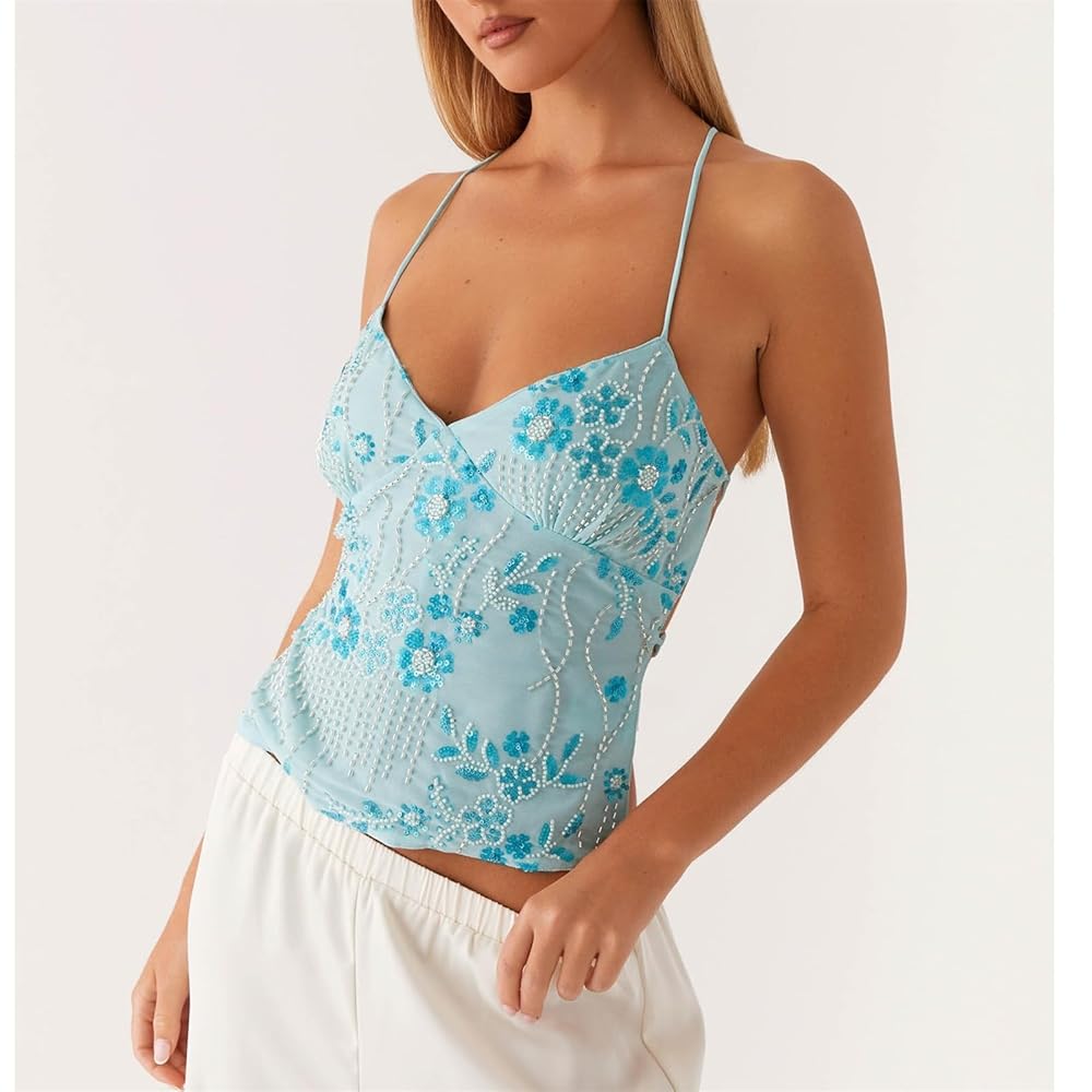 Amazon.com: Sequin Beaded Halter Top, Backless Cross Straps
